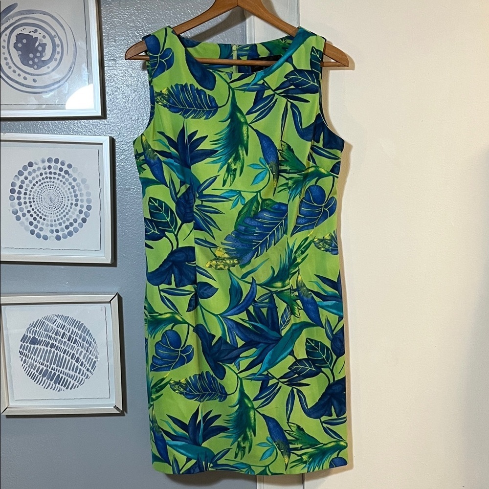 John Roberts Vibrant Green and Blue Tropical Print Sleeveless Dress Size 10